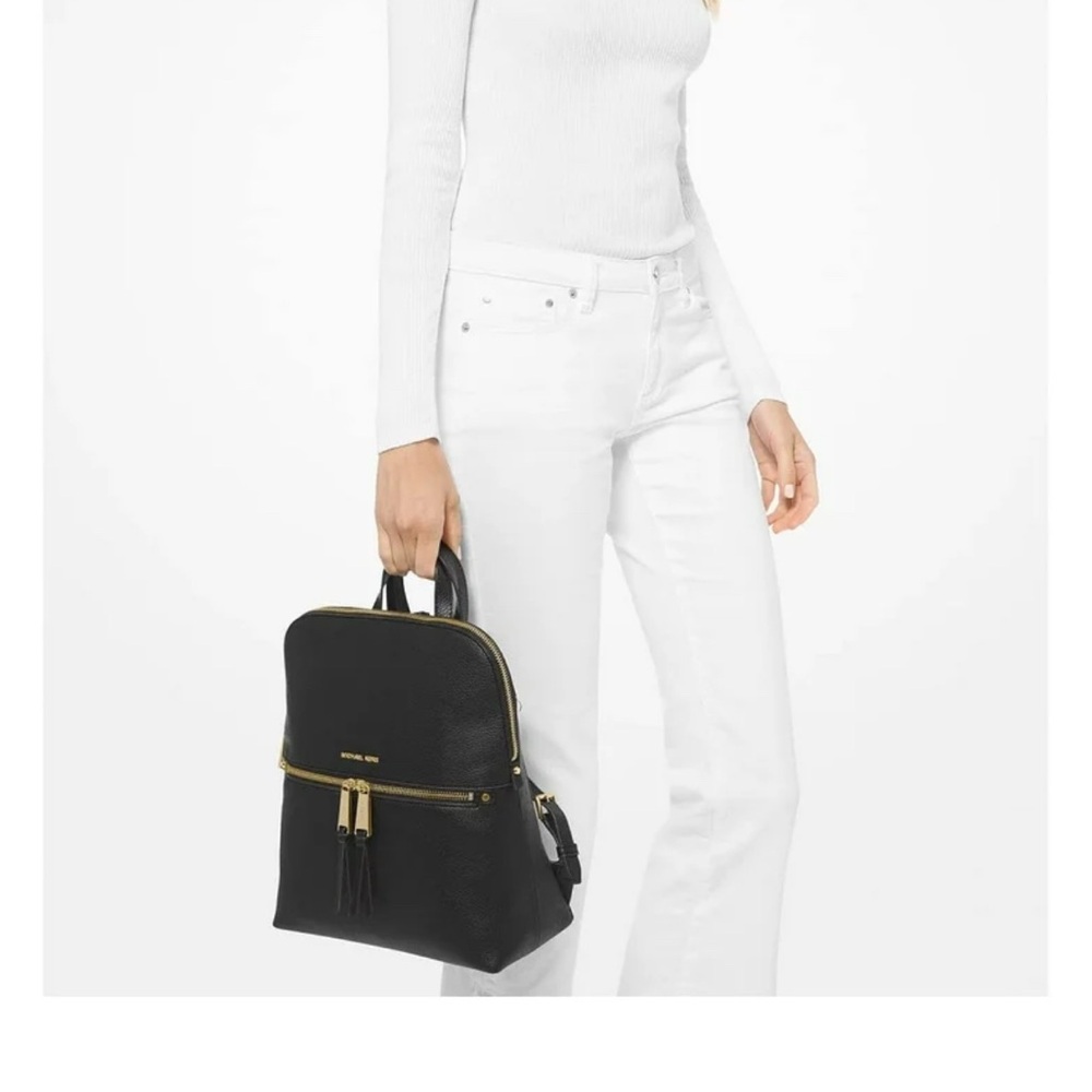 Michael Kors Rhea Pebbled Leather Zip Medium Slim Backpack (Black/Gold Hardware) - Picture 7 of 11